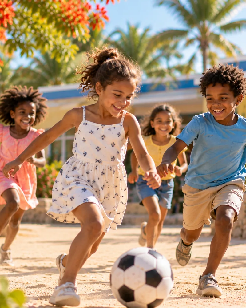 Lachende kinderen rennen samen achter een voetbal aan op een zonnig schoolplein