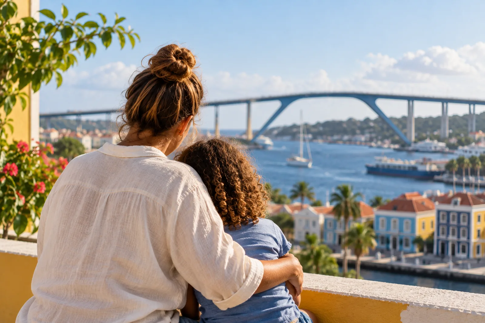 Moeder met haar arm om haar dochter kijkt uit over de haven van Willemstad met de Koningin Julianabrug